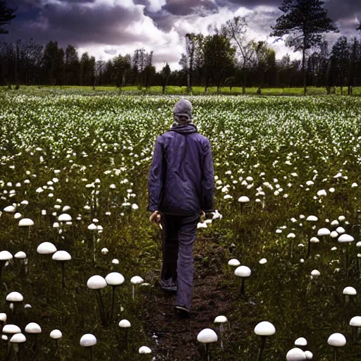 Prompt: “8k photograph man walking through field of mushrooms. National Geographic.”