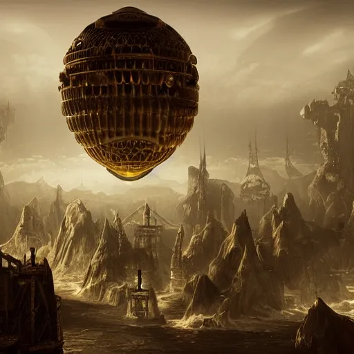 Prompt: enormous flying city in a faberge egg, sky, steampunk, fantasy art, masterpiece, hugh ferriss, unreal engine, peder balke