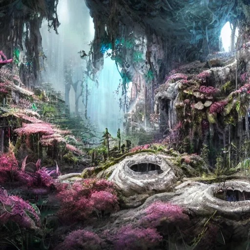 Prompt: biocomputer heart and white biocomputer flowers and biomechanical flowers in a cave forest, intricate environment, matte painting, diffused lighting, highly detailed cinematic, epic composition, highly detailed, atmospheric, wide angle, artstation trending