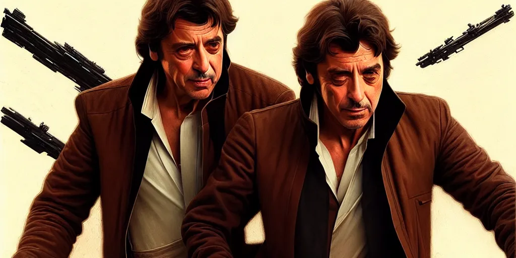 Prompt: al pacino as han solo, cinematic, highly detailed, digital painting, artstation, concept art, matte, sharp focus, illustration, art by artgerm and greg rutkowski and alphonse mucha