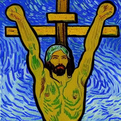 Image similar to Ja-rule appears as Jesus, crucified on cross, painting by Van Gogh