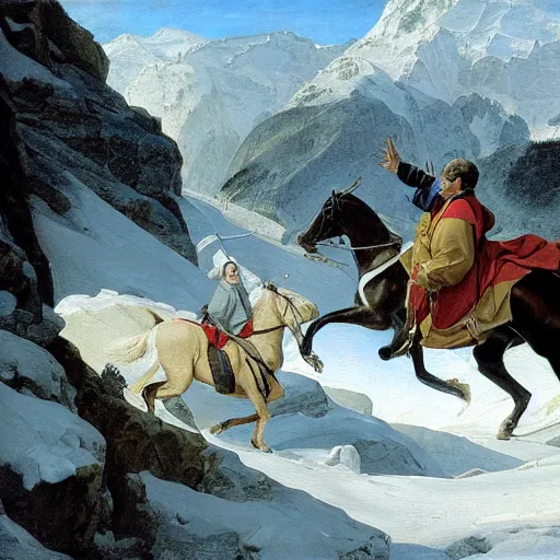 Image similar to steve jobs crossing the alps painting by jacques louis david.