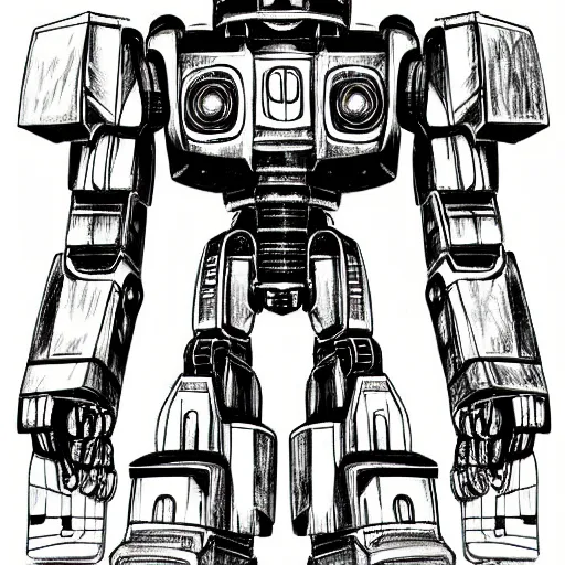 Prompt: an intricate pencil drawing of a giant anime robot with rounded and circular parts