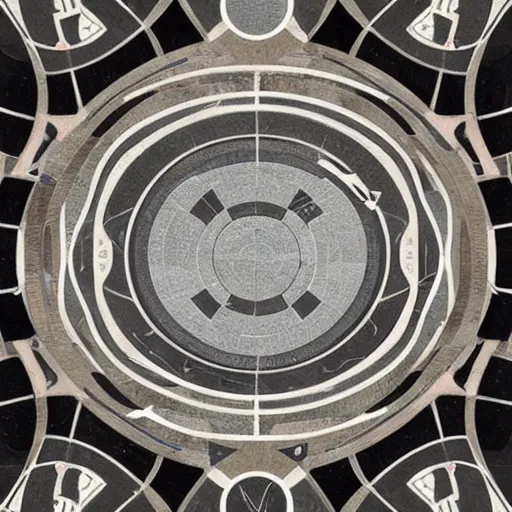 Image similar to art nouveau floor pattern, geometric, interlocking, solar system, scifi inspired, foundation, thin lines, black and white by paul chadeisson, greg rutkowski