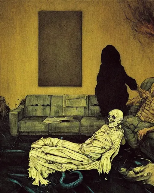 Prompt: an old dead couple sitting on a couch in a messy living room in an old apartment watching the televison on fire,  Francisco Goya painting, part by Beksiński and EdvardMunch. art by Takato Yamamoto and Peter Mohrbacher, Francis Bacon masterpiece