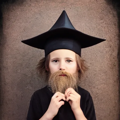 Prompt: photograph of a five year old boy wizard, beard, wizard hat by annie leibovitz, dark hair, deep eyes - n 9