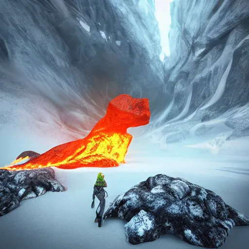 Image similar to a lava man on a winter biome outraging to the camera, cinematic, artistic, cool pose, heatwave, fantasy, hyper realism, behance, artstation, unreal engine 5, octane, deviantart