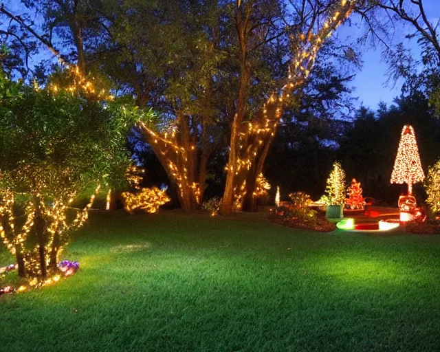 Image similar to a beautiful residential backyard with a pool, mature trees, and lots of shade lit by hanging strands of lights at night.