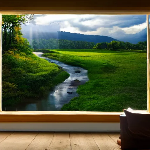 Prompt: a cinematic landscape view looking out a window into an open field with a small creek, wind blows the leaves, and the sun shines through the parted clouds, digital fantasy, detailed, wide angle