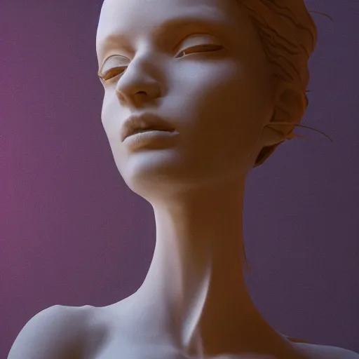 Prompt: abstract female sculpture made of white marble and amethyst crystals quartz, ethereal lights, fine details, artstation. com, film still, cinematic photoshooting, luxury, strong wind, dark mood, sad, cold colors, golden filigree, octane render