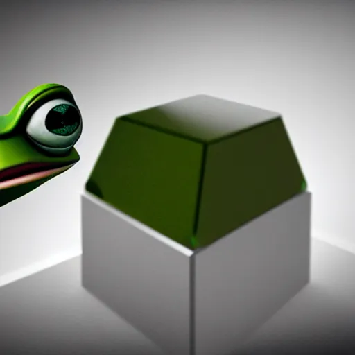 Image similar to A portrait of Pepe the frog sitting on a tungsten cube, lively atmospheric, cinematic, 8k, 4k, ultra detail, ultra-realistic, octane render