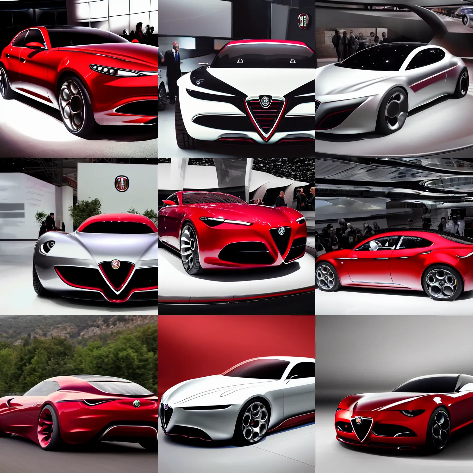 Prompt: alfa romeo concept car, sport edition, fresh new design, traditional design elements, the car of the future