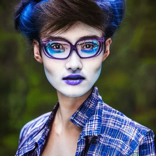 Prompt: photograph of an woman with blue skin, wearing a checked shirt, fantasy, portrait, peter xiao