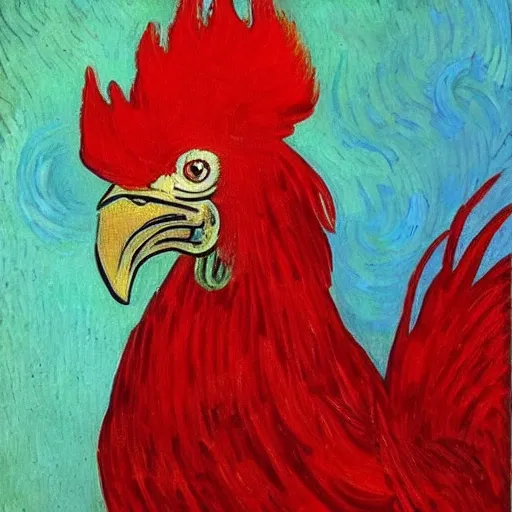 Image similar to bright red oil painting of a rooster, Vincent van Gogh