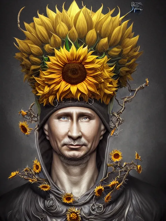 Image similar to digital art, centered full body of Putin smiling king, Sunflower crown, ,intricate, veins, by James Jean and by artgerm , by ross tran ultradetailed, charachter design, concept art, trending on artstation,