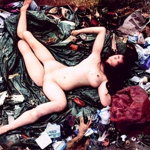 Image similar to a girl mutant Ophelia by Sir John Everett Millais laying on a dirty mattress covered in filth and garbage in an dark concrete basement room covered in trash. 35mm film. Cursed image.