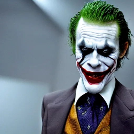 Image similar to film still of Willem Dafoe playing The Joker in The Dark Knight, 4k