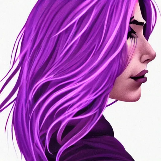 Prompt: a stunning upper body portrait of a beautiful woman with ombre purple and pink hair blowing in the wind by marvel comics, digital art, trending on artstation