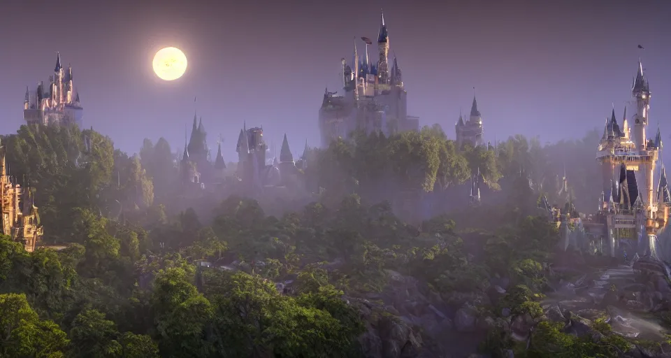 Prompt: happy disney castle rising up from the mist in the morning silhouetted by a single huge moon, realistic, unreal engine, 8k, wide angle, f12, waterfall, butterflies, unicorn, crystal lake, anders zorn, thomas kincade, trending on artstation, lava, dungeons and dragons, fun, happy
