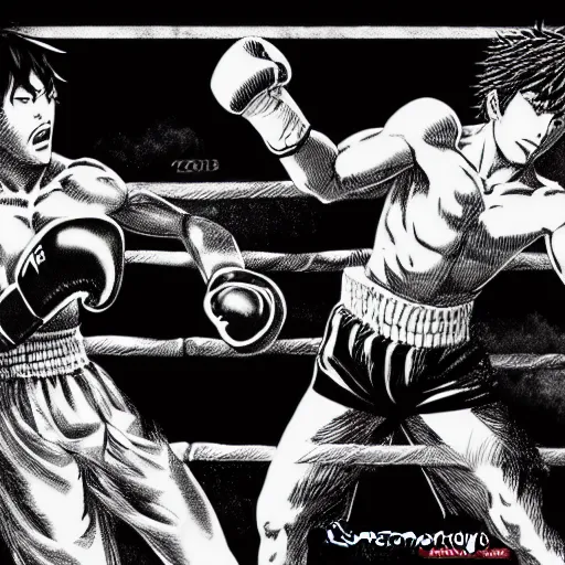 Prompt: a boxing match, manga style, masterpiece, by joji morikawa, by kentaro miura, 4 k wallpaper, ink and screentone