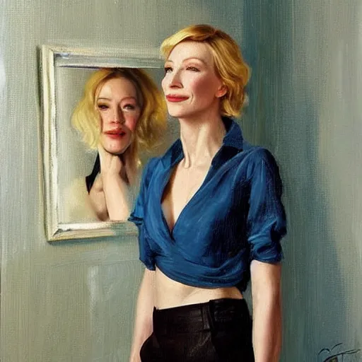 Image similar to cate blanchett in low-cut blouse in front of a mirror, painting by Vladimir Volegov