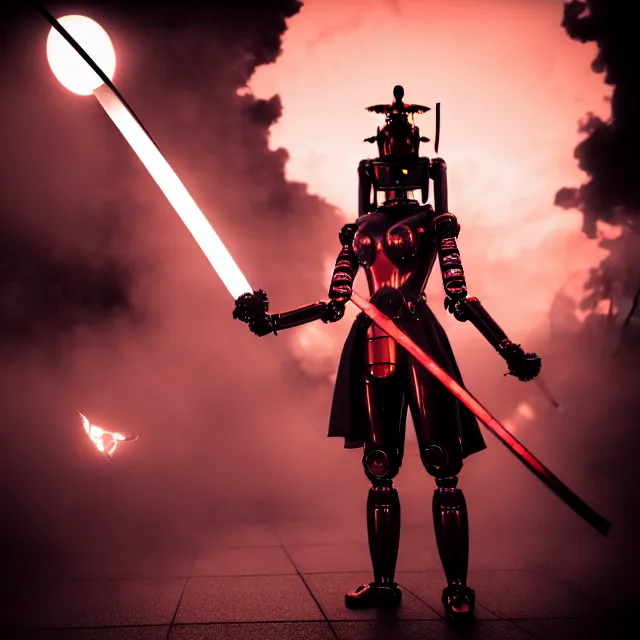 Prompt: robot woman fire dance holding katana, detailed pose energy, shibuya prefecture, cinematic lighting, fog mist smoke, photorealistic, night photography by tomino - sama