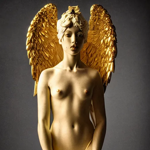 Prompt: a statue made of marble and gold, of an beautiful angel girl with a sword in hand, perfect symmetrical body, perfect symmetrical face, no eyes, hyper realistic, hyper detailed, fujicolor superia 1 6 0 0 photo, full body shot, by peter kemp, by monia merlo
