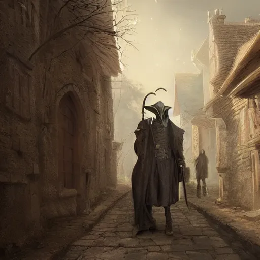 Prompt: Plague Doctor in a medieval village by Greg Rutkowski, photorealistic, volumetric lighting, HD, subtle details, dramatic