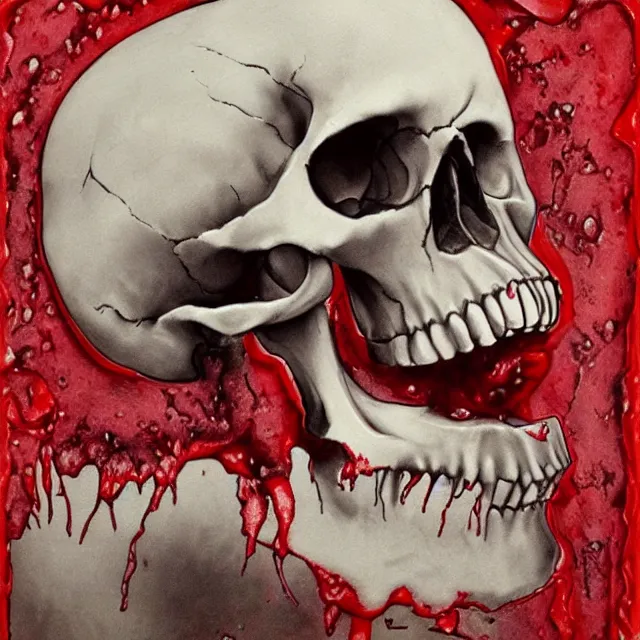 Image similar to skull covered and dripping in blood, primitive art