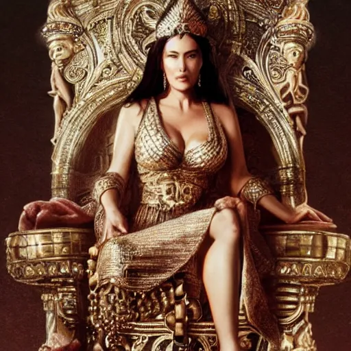 Image similar to Monica Bellucci as a Goddess sitting on a throne, up close, Highly detailed, concept art