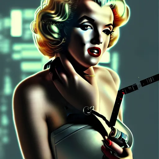 Image similar to marilyn monroe cyberpunk, cigarette dangling, grenade in hand, by pascal blanche, ultradetailed, 8 k