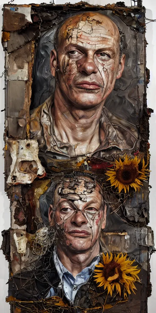 Image similar to a full length portrait of a very ordinary middle-aged man with a terrified expression, Anselm Kiefer and Lucian Freud and Jenny Saville, oil painting, rust, Scaffolding, rusted metal and sunflowers, iron cladding, decay, mixed media, textured, anatomically correct, beautiful perfect face, visible brushstrokes, sharp focus, twisted wire, Highly Detailed, nails, photographic emulsion cracked and peeling, Cinematic Lighting, 8k, HD