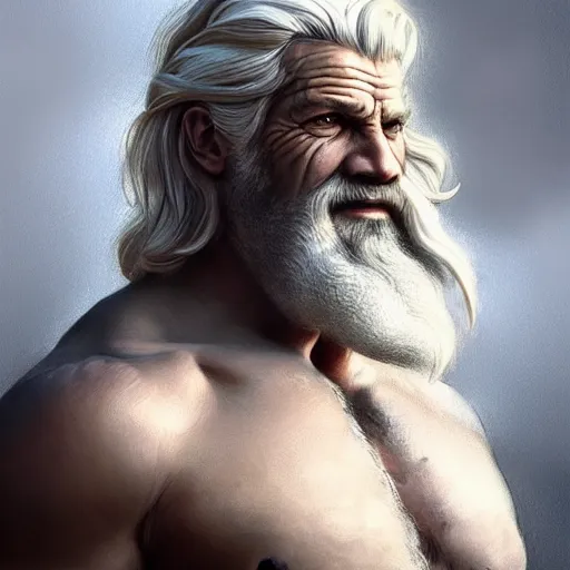 Image similar to half body portrait of rugged zeus, greek god, 4 0 years old, handsome, white hair, soft hair, upper body, muscular, hairy torso, fantasy, intricate, elegant, highly detailed, digital painting, artstation, concept art, smooth, sharp focus, illustration, art by artgerm and greg rutkowski and alphonse mucha