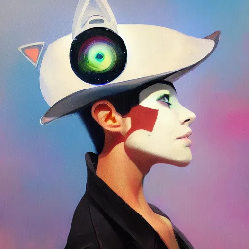 Image similar to a half robot cat wearing a hat medium shot, asymmetrical, profile picture, organic painting, nebula, matte painting, bold shapes, hard edges, street art, trending on artstation, by huang guangjian and gil elvgren and sachin teng