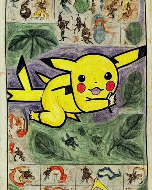 Image similar to a manuscript painting of Pikachu in the style of the Rochester Bestiary, Ashmole Bestiary