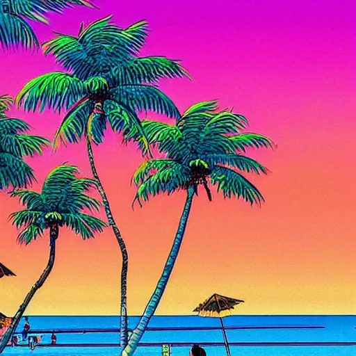 Image similar to a beautiful painting of a sunny day at a large beach filled with hundreds of palm trees by hiroshi nagai and hirohiko araki, detailed line art, vaporwave color scheme