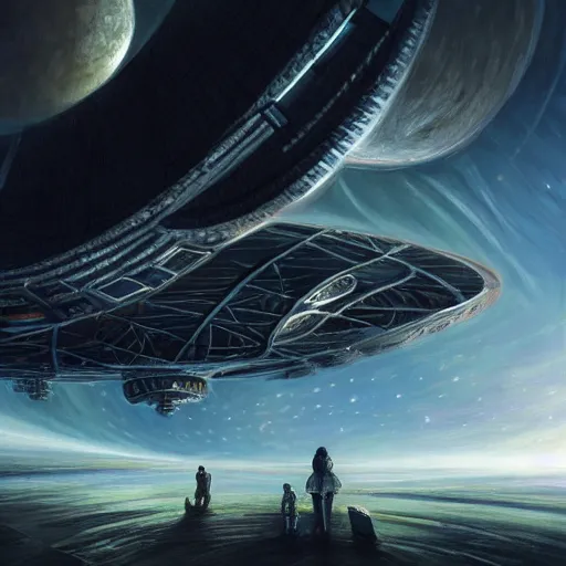 Image similar to thousands of people next to a big spaceship, fantasy art