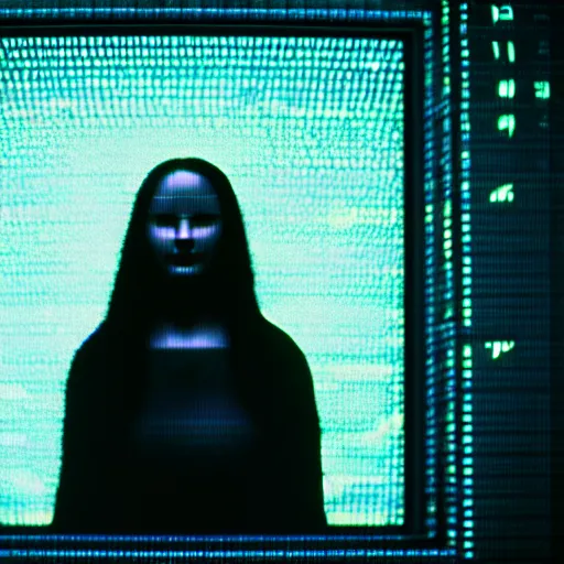 Image similar to cinematic movie still of cybernetic character named Mona Lisa in The Matrix, futuristic eye implant, cyberpunk, XF IQ4, 150MP, 50mm, F1.4, ISO 200, 1/160s, twilight in the city