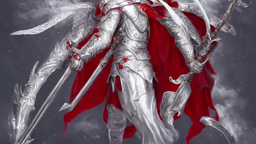 Image similar to male angel holding a flame sword, white metallic armor, red cape, detailed arms, intricate white armor, two arms, two legs, detailed fanart, rpg art, d&d art, macro art, digital art, DeviantArt, artstation, 8k HD