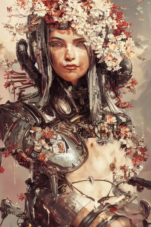 Image similar to portrait of beautiful young mainem, warhammer, japaneese style, cyberpunk armor, a lot of more scars, more and more flowers, orange head, the middle ages, highly detailed, artstation, illustration, art by greg rutkowski, 8 k quality