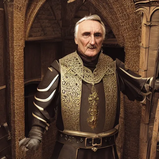 Image similar to full body portrait of Dennis hopper as a devious medieval lord in a big medieval Shop, trending on artstation, style of midjourney, unreal engine, octane render, intricate details, 8k high definition, beauriful, ornate, hypermaximalistic