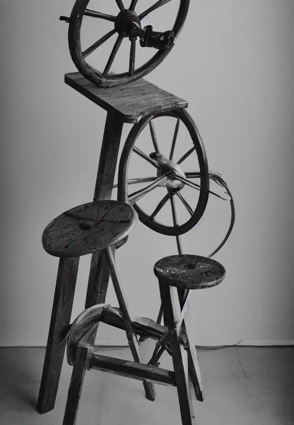 Prompt: a spinning wheel sitting on top of a stool, a surrealist sculpture by marcel duchamp, behance, fluxus, studio portrait, academic art, studio light, grainy 3 5 mm film