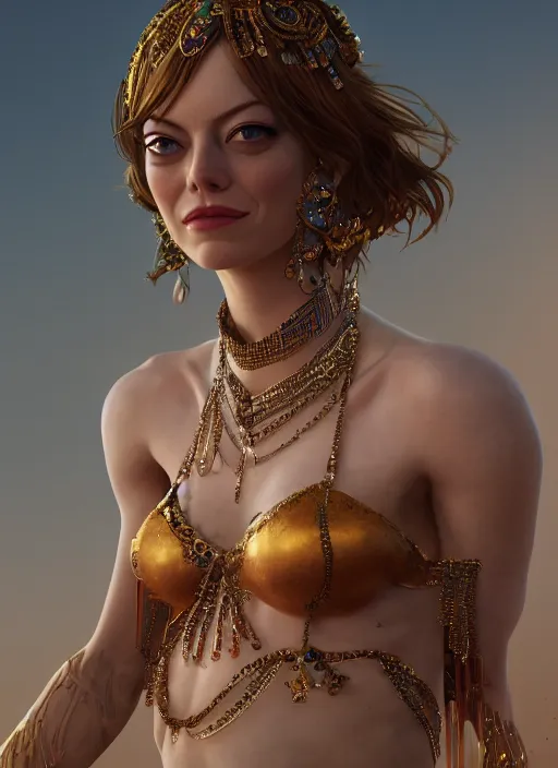 Image similar to portrait of emma stone as a belly dancer, au naturel, hyper detailed, digital art, trending in artstation, cinematic lighting, studio quality, smooth render, unreal engine 5 rendered, octane rendered, art style by klimt and nixeu and ian sprigger and wlop and krenz cushart.