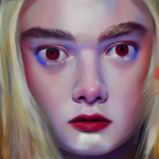 Image similar to a striking hyper real painting of Elle Fanning by George Condo