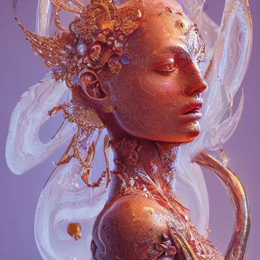 Image similar to abstract highly detailed female sculpture drawing made of white marble and red crystals quartz and minerals, ethereal lights, fine details, artstation, digital paint, fantasy, cinematic photoshooting, illustration, 8 k, intricate golden filigree, octane render, hypperrealistic painting, abstract liquid acrylic art, painting by james gilleard and minna sundberg