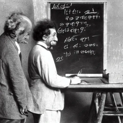 Prompt: a cat on writing with chak on a blackboard, teaching albert einstein his special theory of relativity