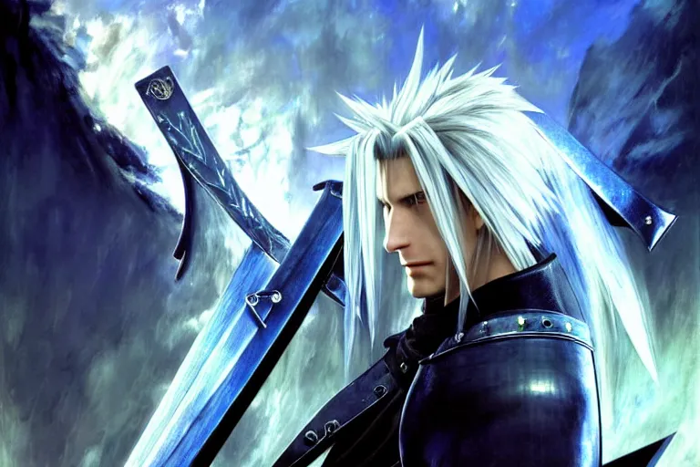 Image similar to final fantasy vii sephiroth, final fantasy vii : advent children sephiroth, sephiroth final fantasy, ( netease ), night, brilliant colors and hard shadows and strong rim light, colorful, night sky, cool white color temperature, blue hue, cool tones, painting by gaston bussiere, craig mullins, j. c. leyendecker