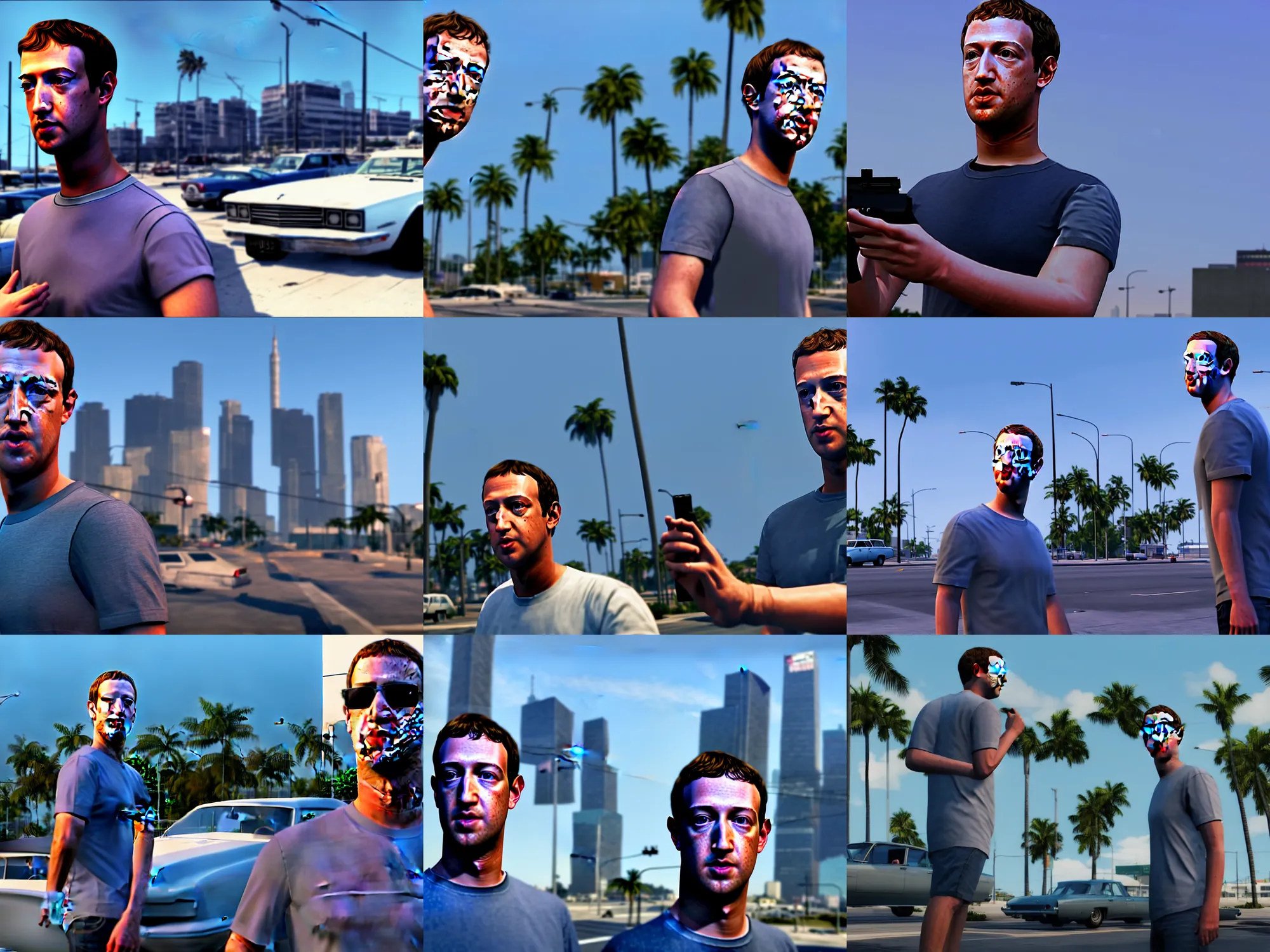 Prompt: high detail mark zuckerberg in grand theft auto vice city, ak 4 7 hdr, unreal engine, raytraced, rtx, reflections