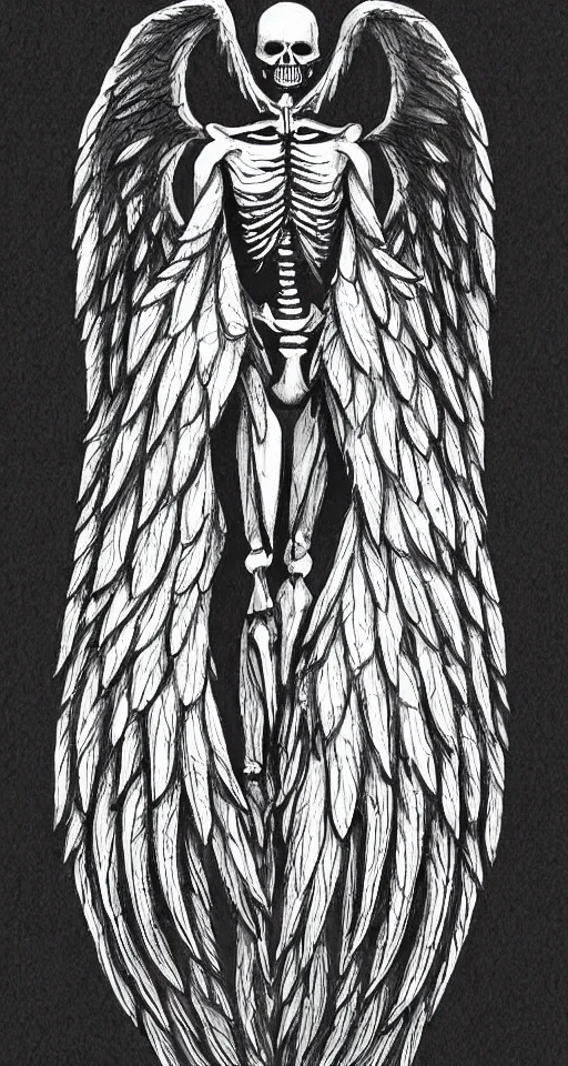 Prompt: a male skeleton with angel wings only, illustration style, symbolic, cinematic, dark and moody night scene, super detailed and intricate, elegant, hyper - realistic