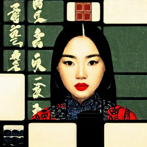 Prompt: young and beautiful Asian woman, close up shots , symmetrical face, with hands holding 2 Chinese Mahjong tiles, patterns facing to audience, painted by Kerry James Marshall and Vermeer, cinematic lighting of movies directed by Wong Kar Wei, Stanley Kubricks, Norman Rockwell influenced.